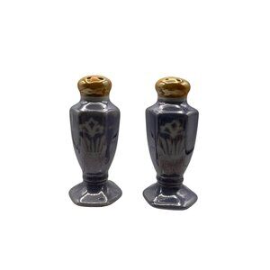 Vintage Japanese Metallic Purple Salt & Pepper Shakers With Gold Tops Art Deco
